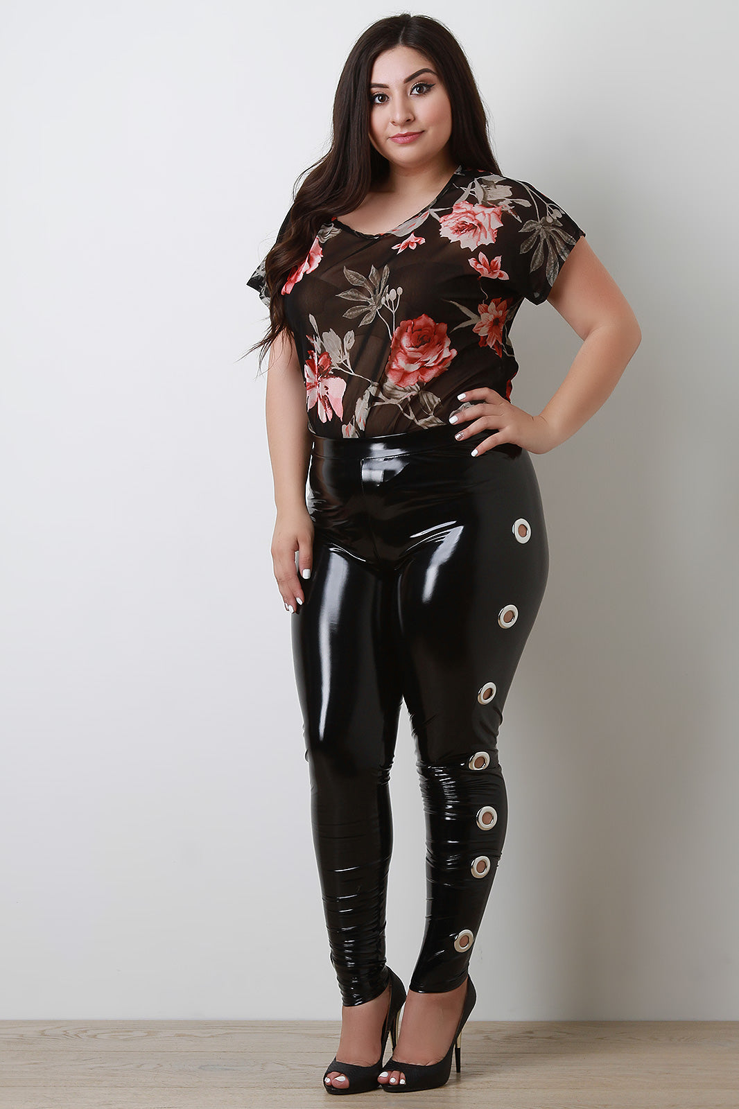 High Waisted Latex Side Eyelet Leggings - YuppyCollections