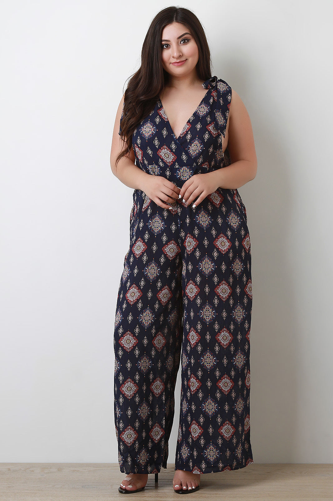 Bohemian Print Self-Tie Shoulder Strap Palazzo Jumpsuit - YuppyCollections