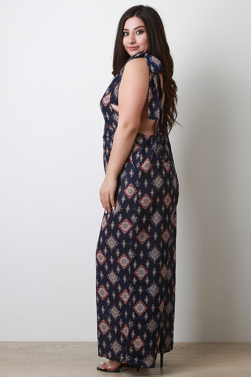 Bohemian Print Self-Tie Shoulder Strap Palazzo Jumpsuit - YuppyCollections