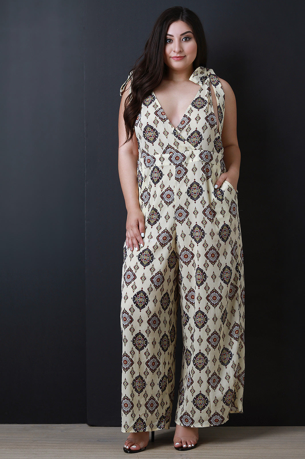 Bohemian Print Self-Tie Shoulder Strap Palazzo Jumpsuit - YuppyCollections