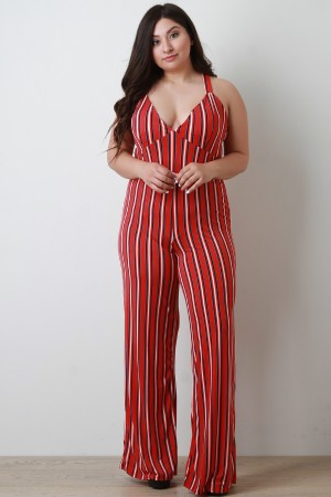 Vertical Striped Sleeveless Wide Leg Jumpsuit - YuppyCollections