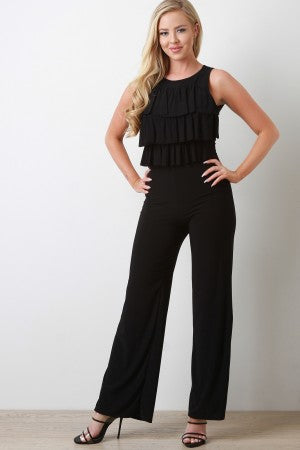 Tiered Ruffle Sleeveless Straight Leg Jumpsuit - YuppyCollections