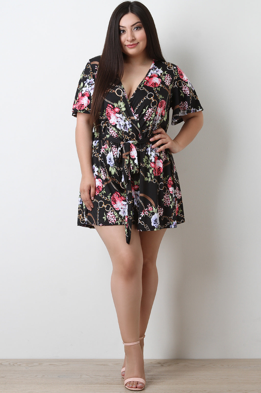 Floral With Chains Surplice Waist Sash Romper - YuppyCollections