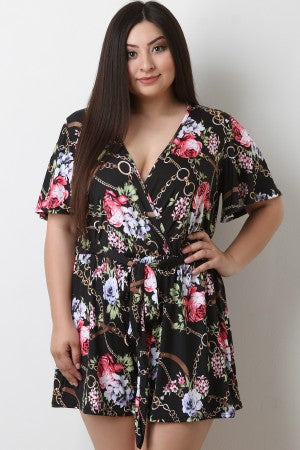 Floral With Chains Surplice Waist Sash Romper - YuppyCollections