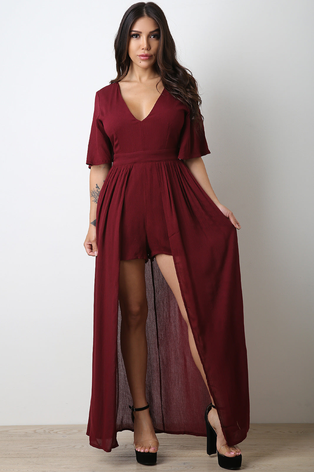 Flutter Sleeve Romper Maxi Dress - YuppyCollections