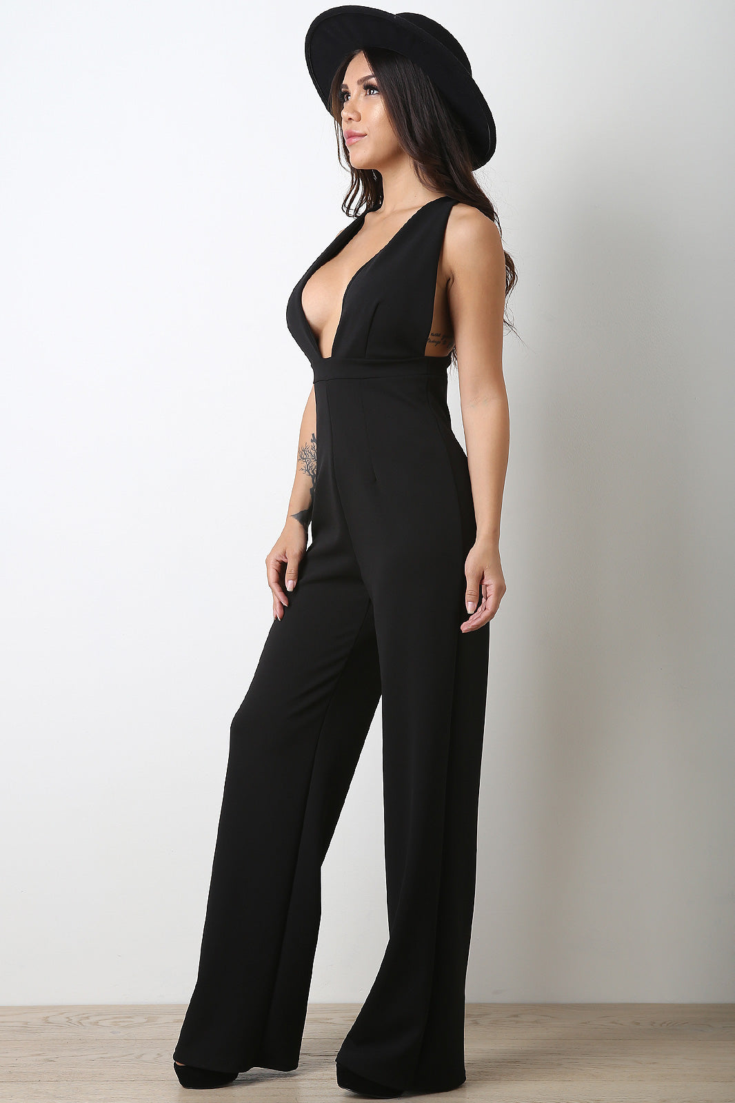 Plunging Neckline Palazzo Jumpsuit - YuppyCollections