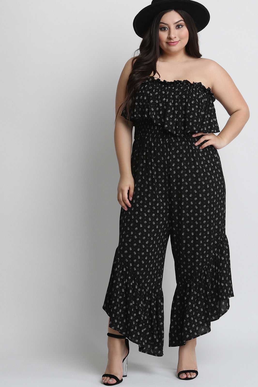 Floral Print Ruffled Strapless Smocked Bodice Jumpsuit - YuppyCollections