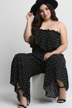 Floral Print Ruffled Strapless Smocked Bodice Jumpsuit - YuppyCollections