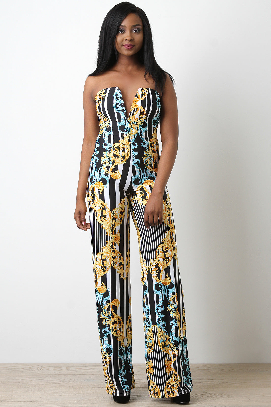 Striped Filigree Sweetheart Tube Jumpsuit - YuppyCollections