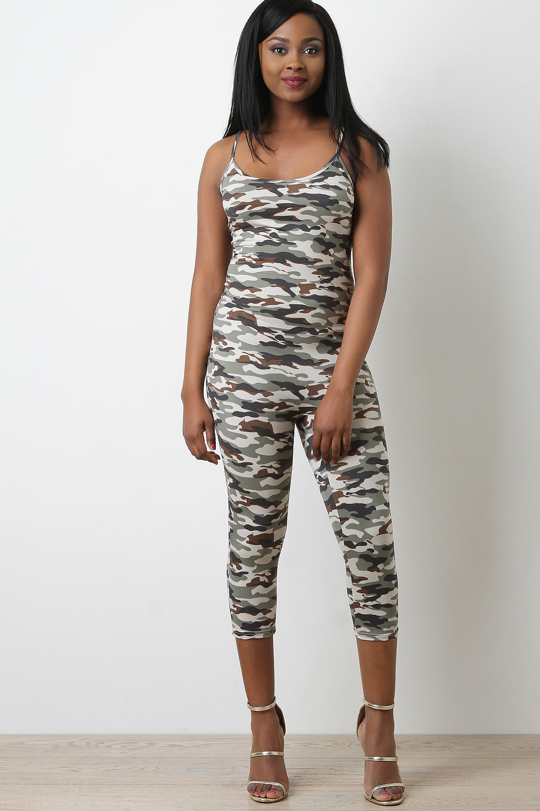 Soft Knit Camouflage Print Cami Fitted Capri Jumpsuit - YuppyCollections