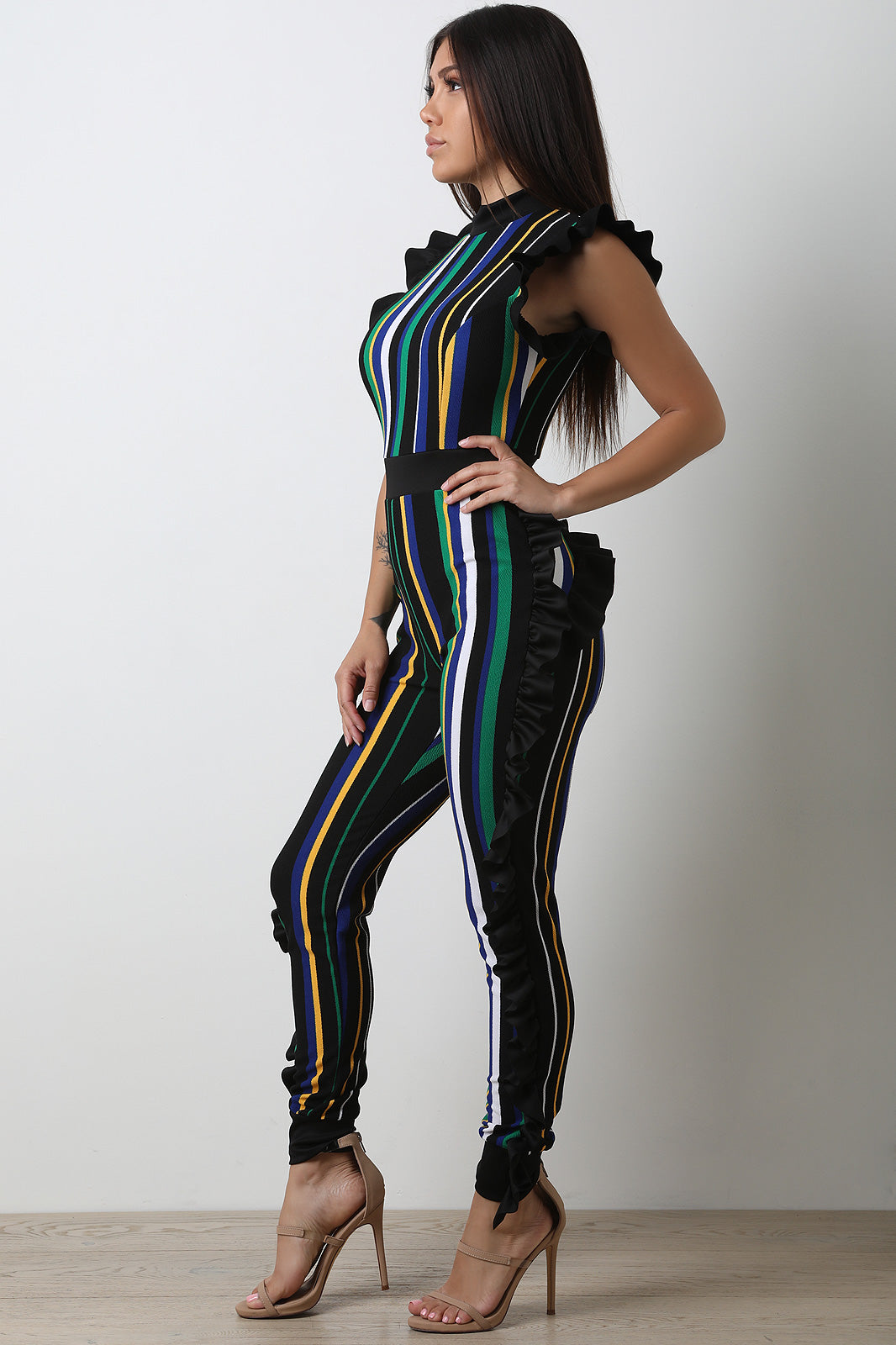 Multi Striped Sleeveless Ruffles Jumpsuit - YuppyCollections