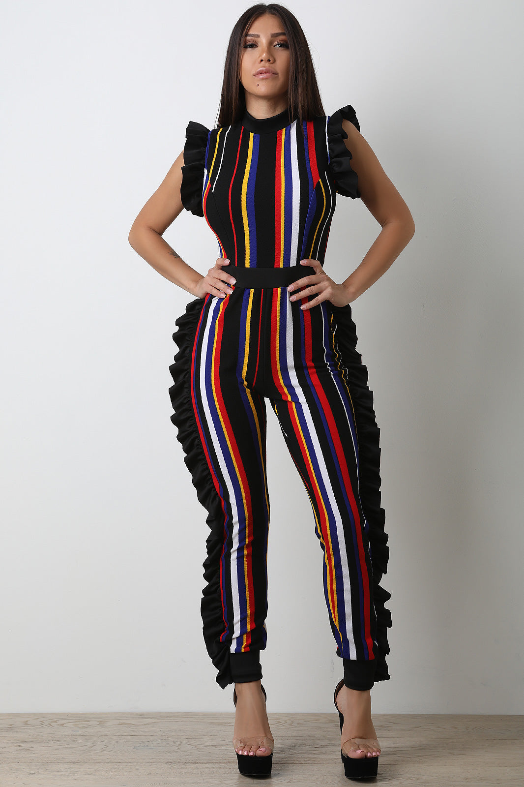 Multi Striped Sleeveless Ruffles Jumpsuit - YuppyCollections