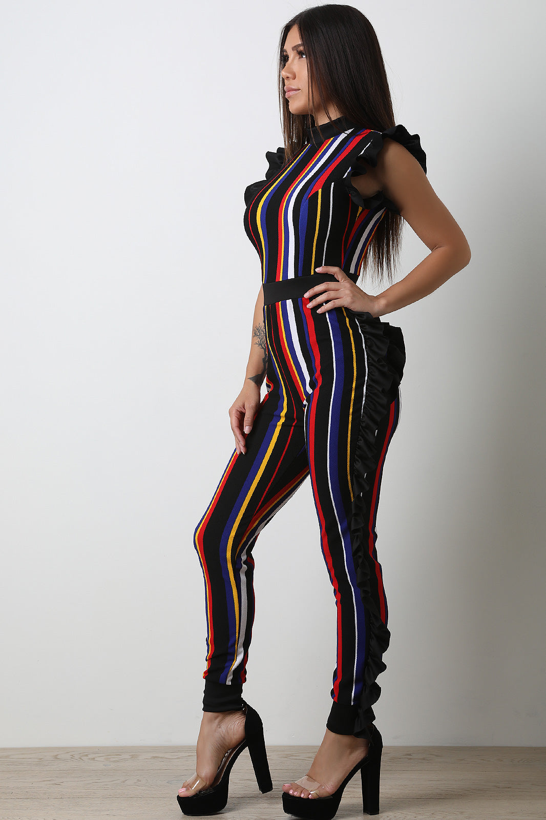 Multi Striped Sleeveless Ruffles Jumpsuit - YuppyCollections