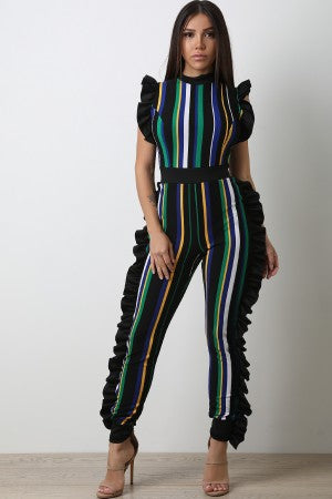 Multi Striped Sleeveless Ruffles Jumpsuit - YuppyCollections