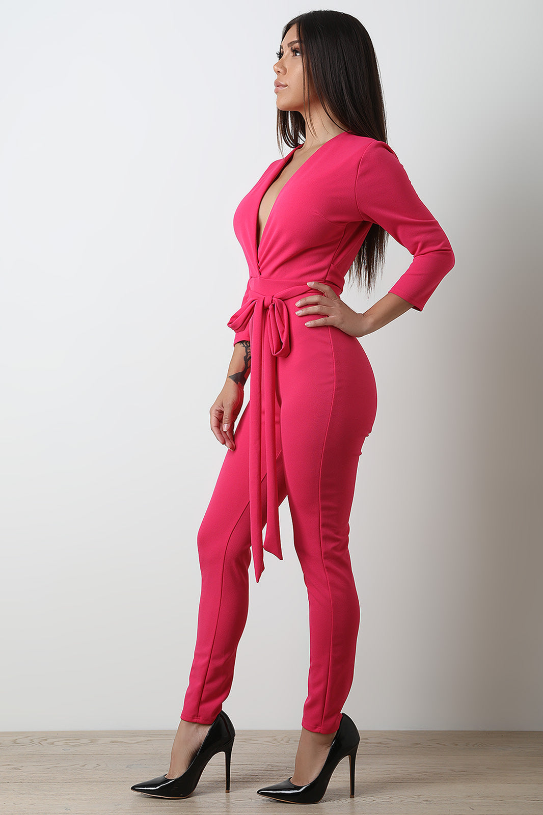 Quarter Sleeve V-Neck Jumpsuit - YuppyCollections