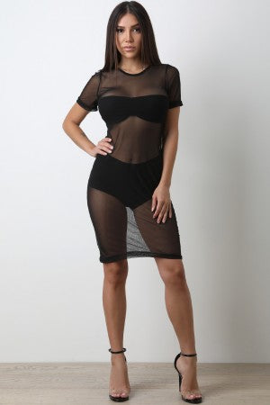 Semi-Sheer Mesh Round Neck Bodycon Dress - YuppyCollections