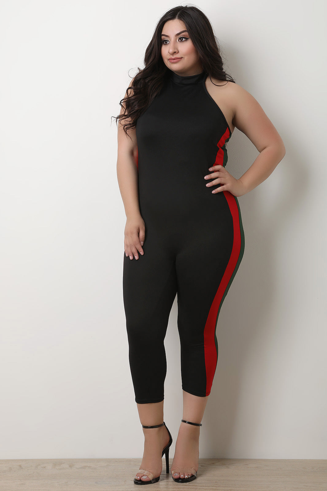 Side Striped Halter Neck Fitted Jumpsuit - YuppyCollections