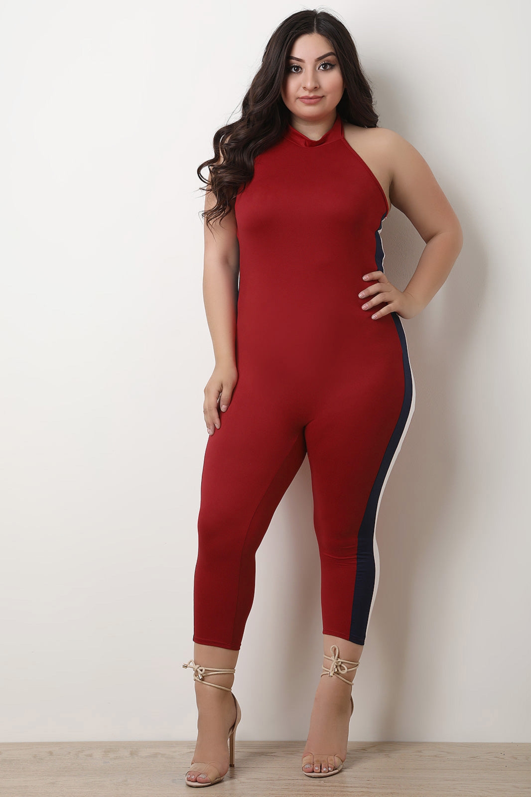 Side Striped Halter Neck Fitted Jumpsuit - YuppyCollections