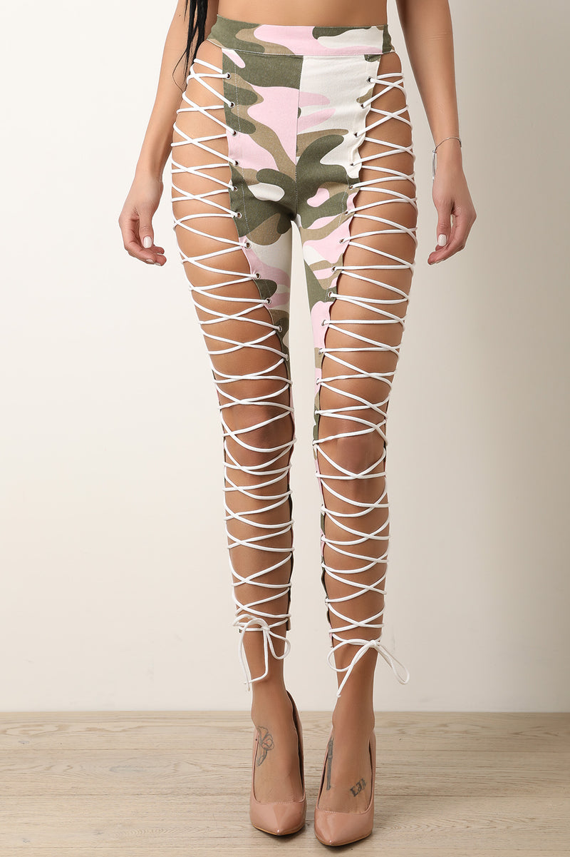 Camouflage High Rise Lace-Up Pants - YuppyCollections