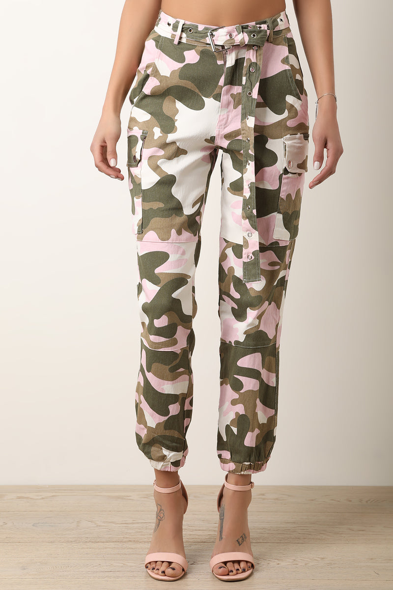 High Rise Camouflage Eyelet Belted Cargo Pants - YuppyCollections