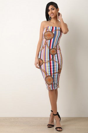 Striped Chain-Link Strapless Bodycon Dress - YuppyCollections