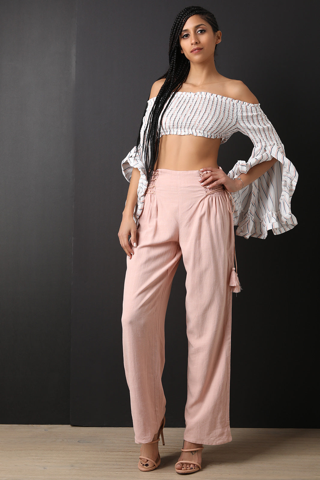 High Rise Smocked Lace Up Flared Pants - YuppyCollections