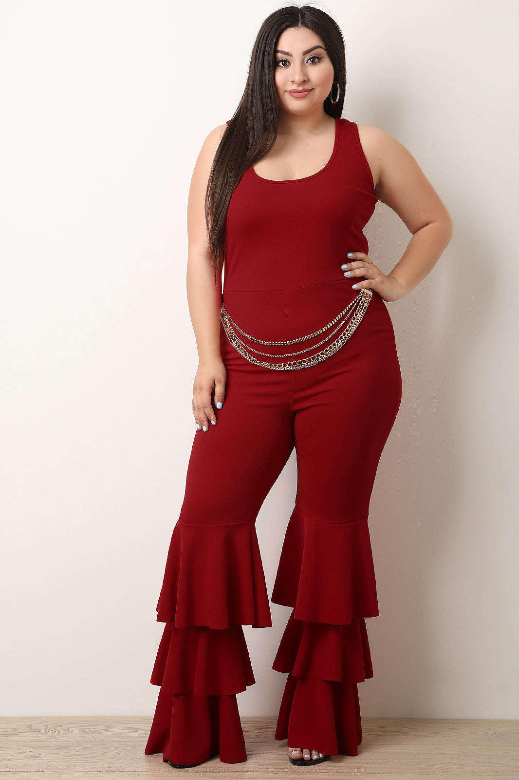 Ruffle Tier Chain Belt Jumpsuit - YuppyCollections