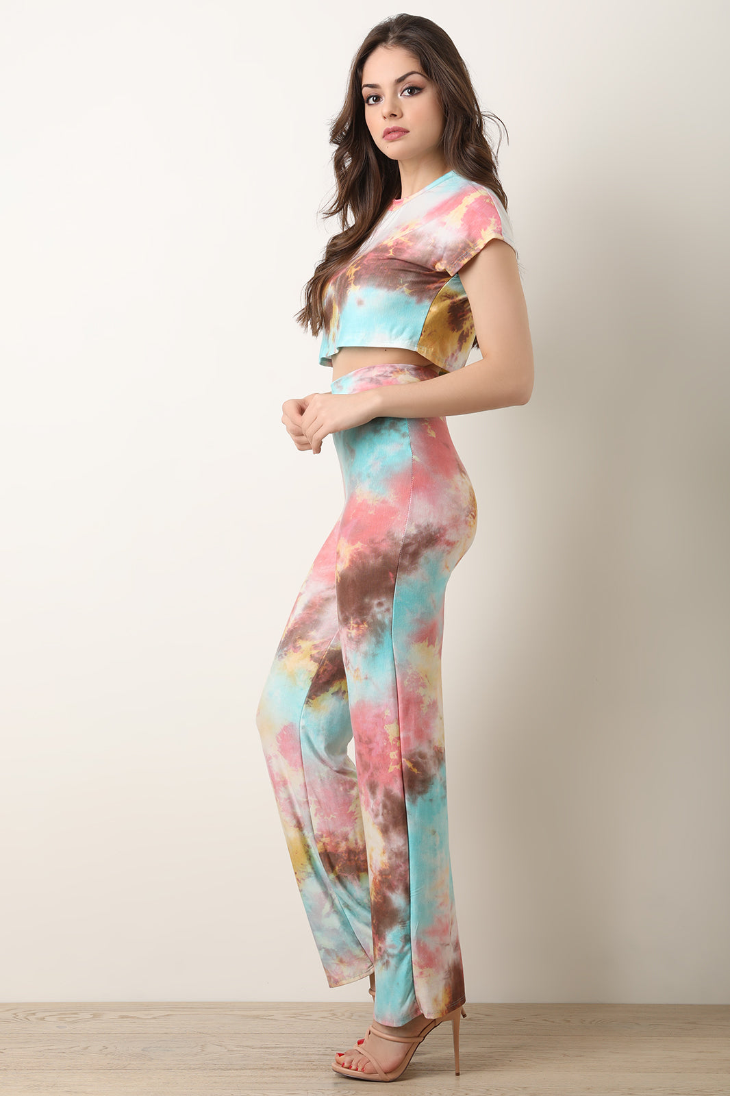 Tie Dye Crop Top With High Waisted Flared Pants Set - YuppyCollections