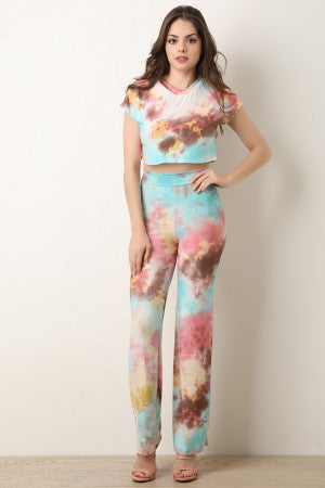 Tie Dye Crop Top With High Waisted Flared Pants Set - YuppyCollections