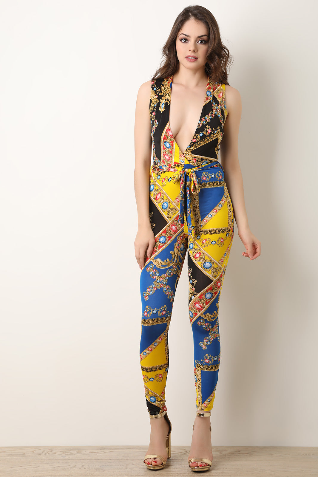 Filigree Jewel Print Plunging V-Neck Jumpsuit - YuppyCollections