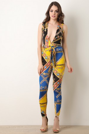 Filigree Jewel Print Plunging V-Neck Jumpsuit - YuppyCollections