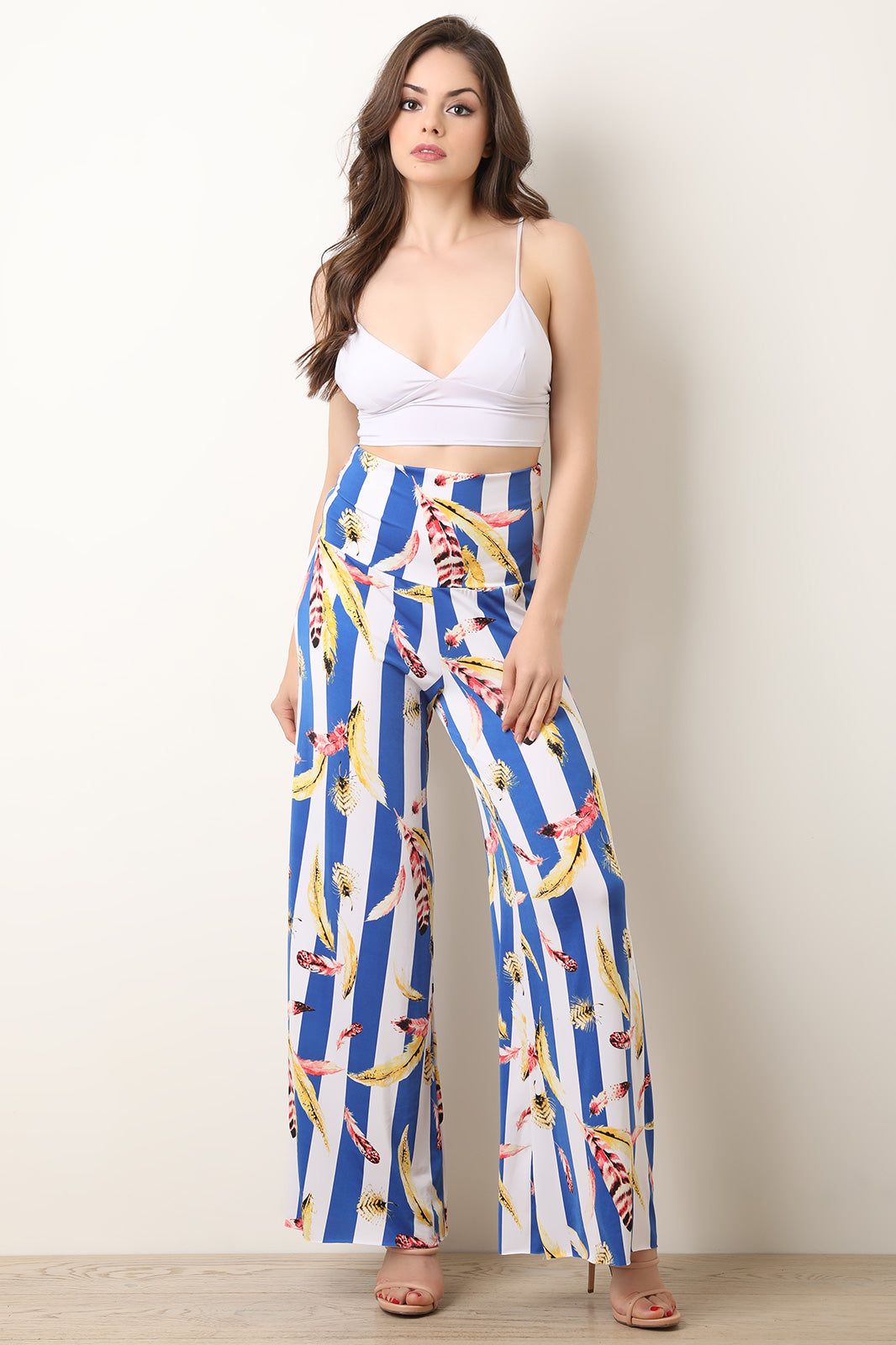 High Rise Stripe And Feathers Print Palazzo Pants - YuppyCollections