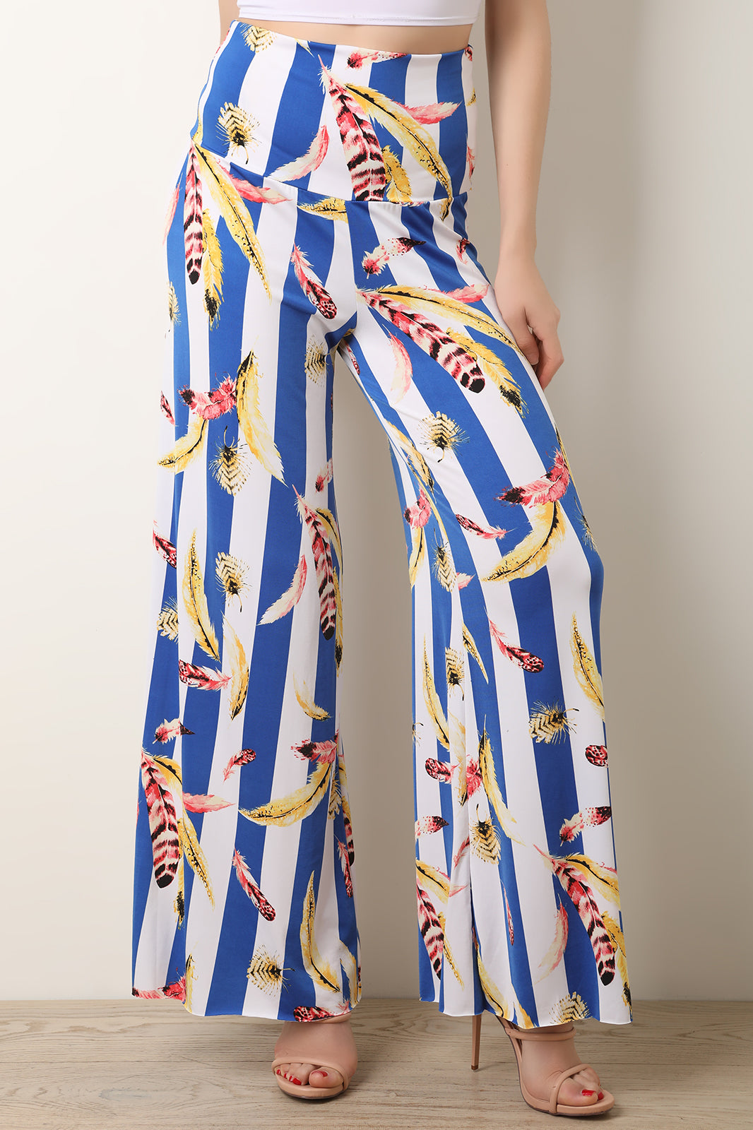 High Rise Stripe And Feathers Print Palazzo Pants - YuppyCollections