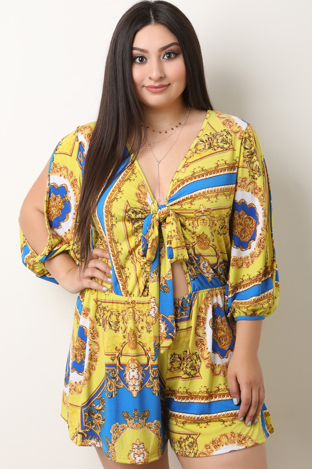 Filigree Print Self Tie Cutout Romper - YuppyCollections