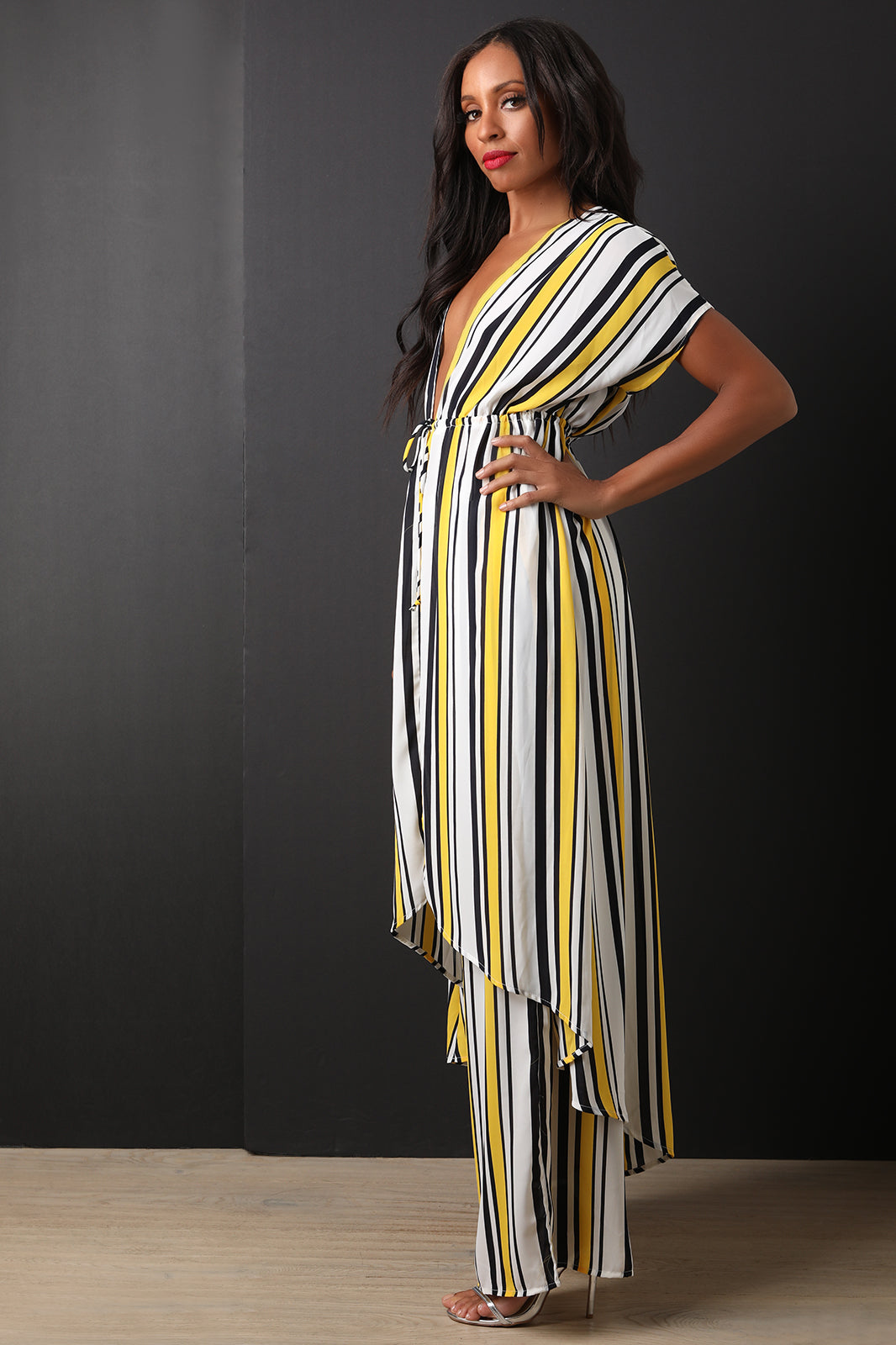 Striped High Low Top With Palazzo Pants Set - YuppyCollections