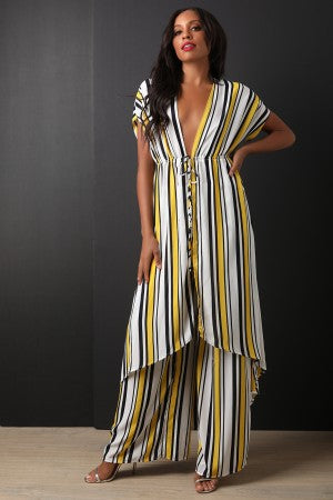 Striped High Low Top With Palazzo Pants Set - YuppyCollections