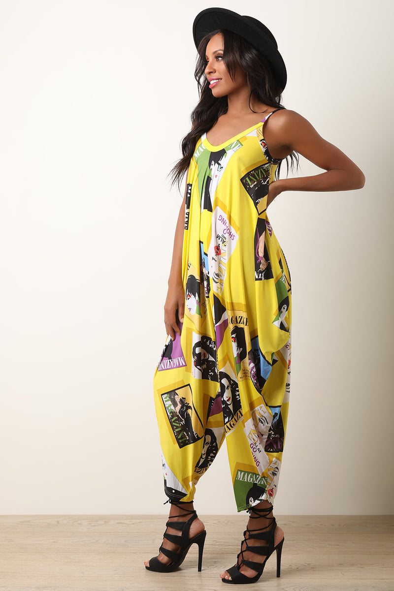 Graphic Pop Art Magazine Sleeveless Harem Jumpsuit - YuppyCollections