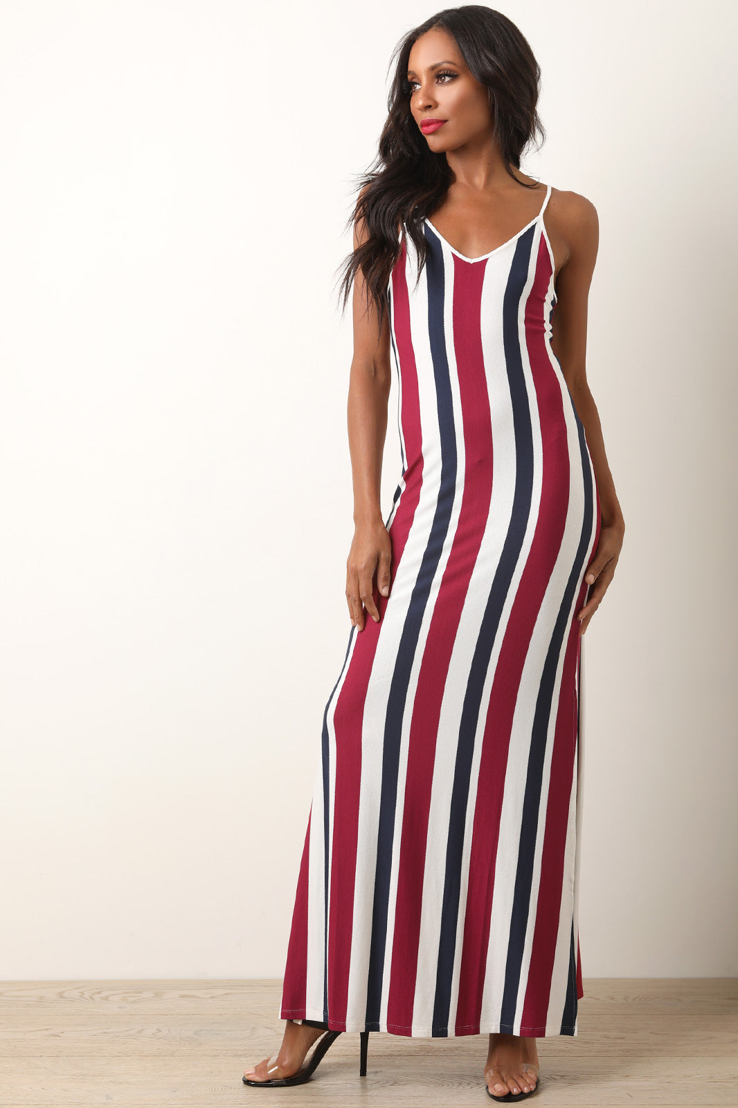 Lace-Up Back Striped Maxi Dress - YuppyCollections