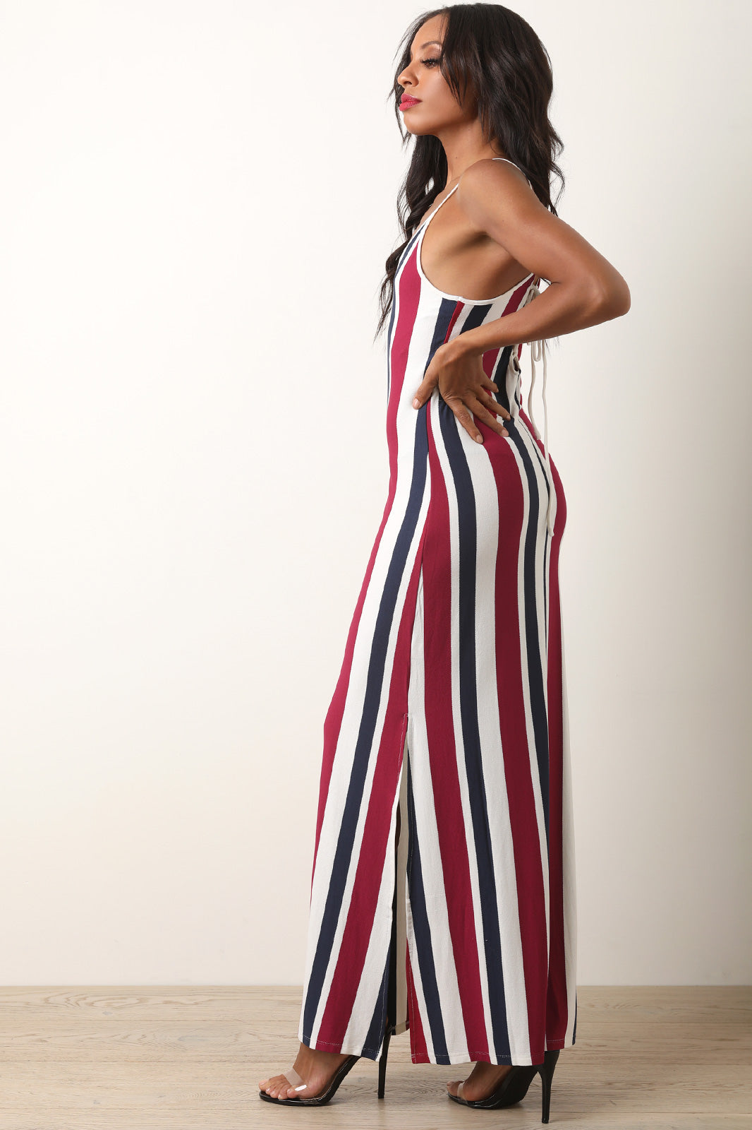 Lace-Up Back Striped Maxi Dress - YuppyCollections