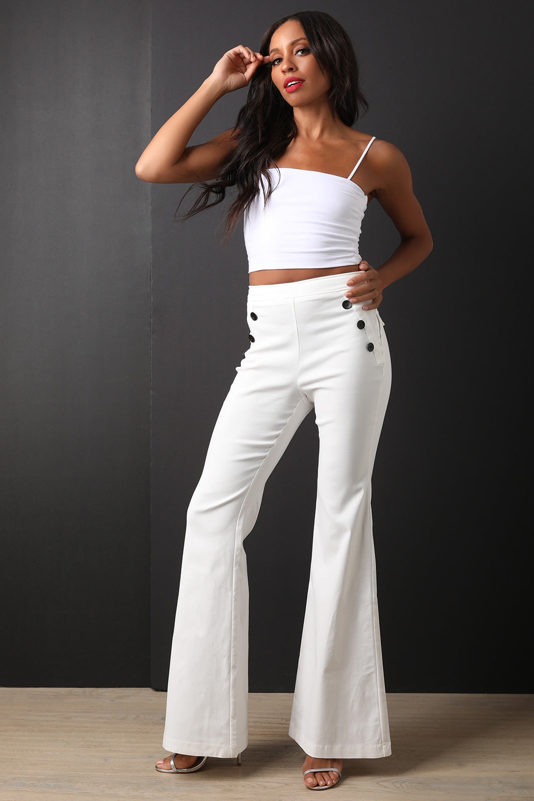 Button Accent High Waisted Flared Pants - YuppyCollections