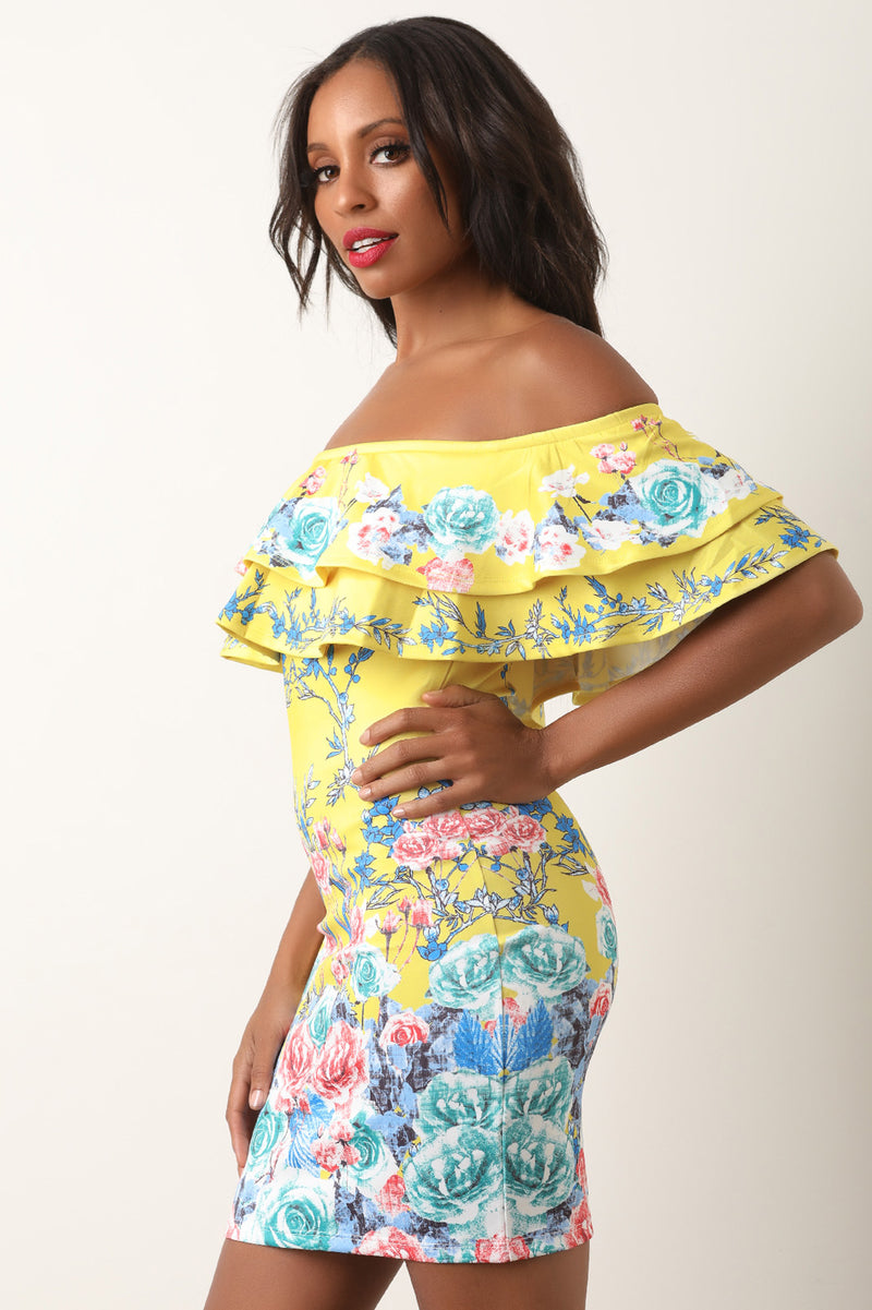 Floral Double Flutter Tier Bardot Mini Dress - YuppyCollections