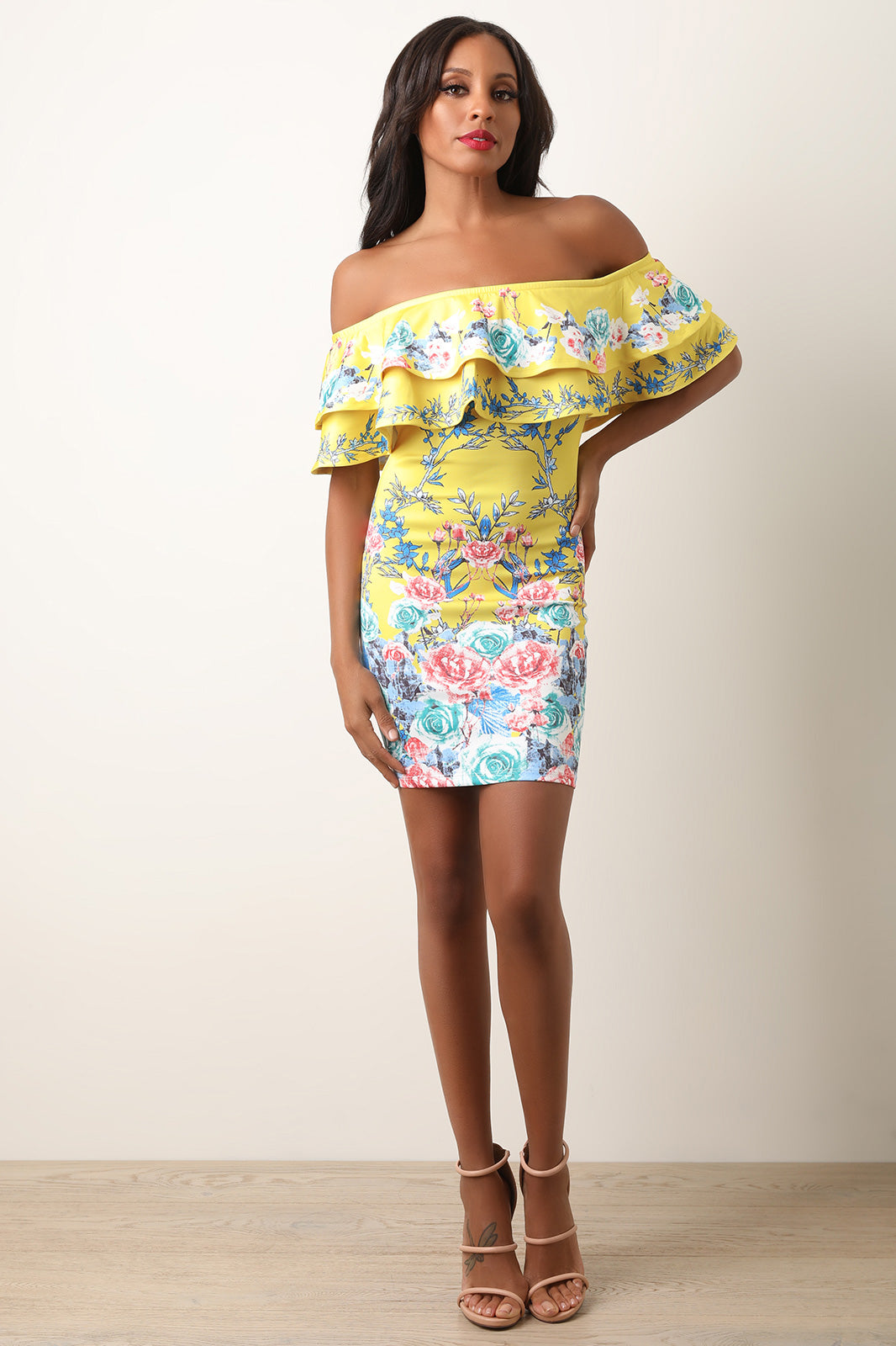 Floral Double Flutter Tier Bardot Mini Dress - YuppyCollections