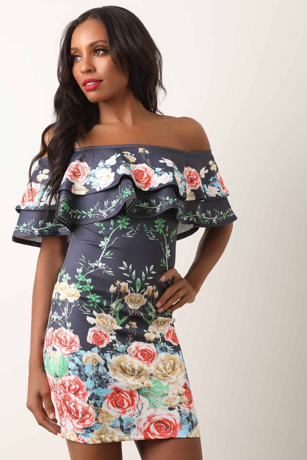 Floral Double Flutter Tier Bardot Mini Dress - YuppyCollections