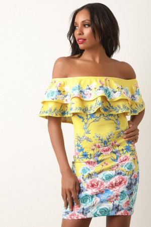 Floral Double Flutter Tier Bardot Mini Dress - YuppyCollections