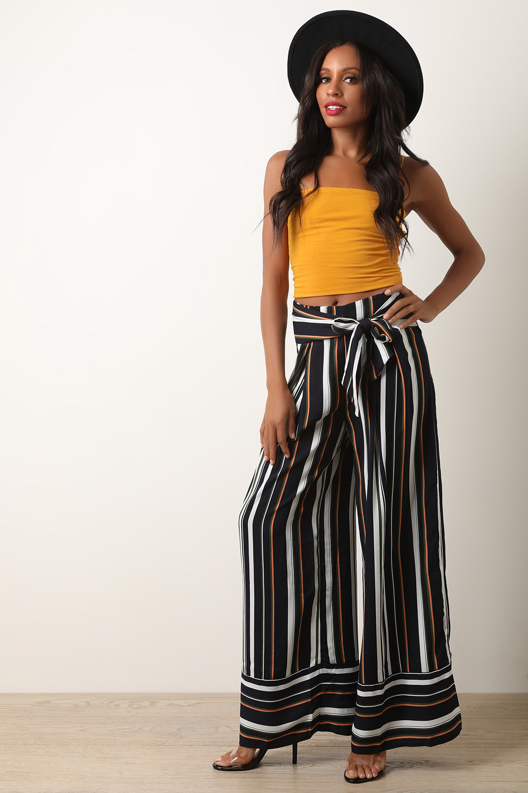 Vertical Striped Waist Sash Palazzo Pants - YuppyCollections