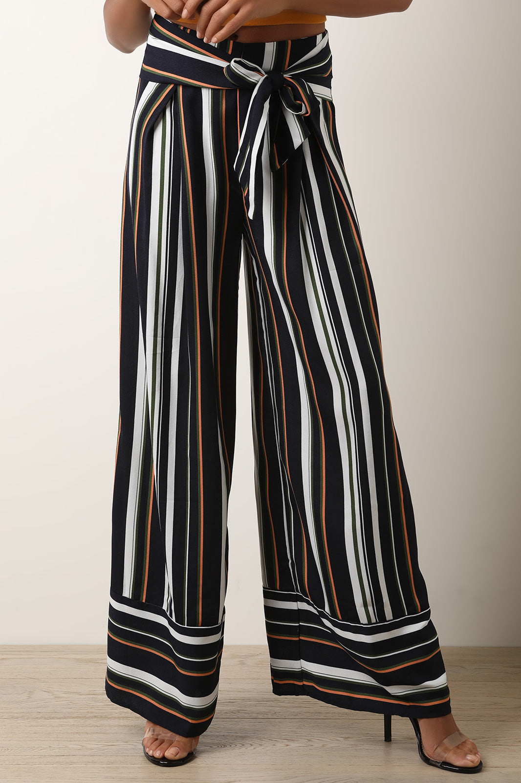 Vertical Striped Waist Sash Palazzo Pants - YuppyCollections