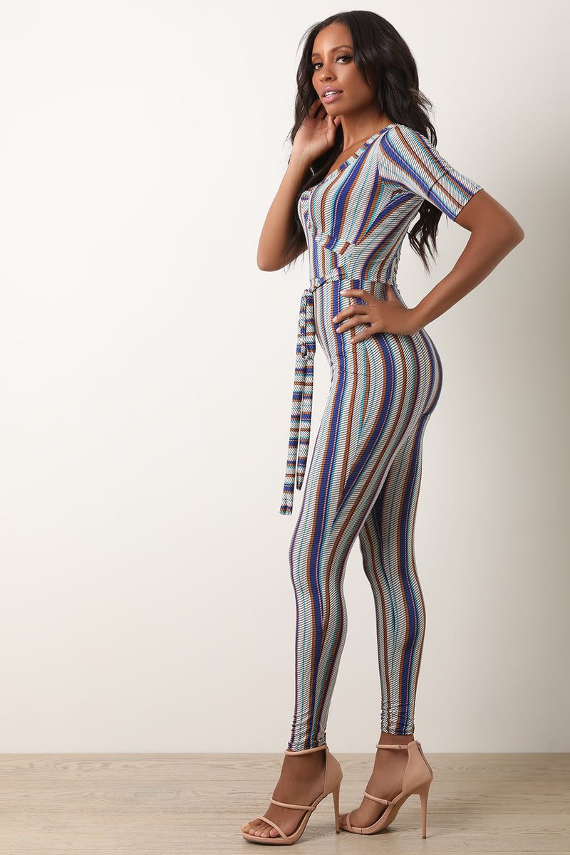 Striped Print Surplice Waist Tie Jumpsuit - YuppyCollections