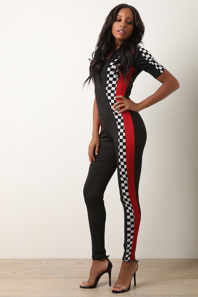 Colorblock Checkered Print Short Sleeves Jumpsuit - YuppyCollections