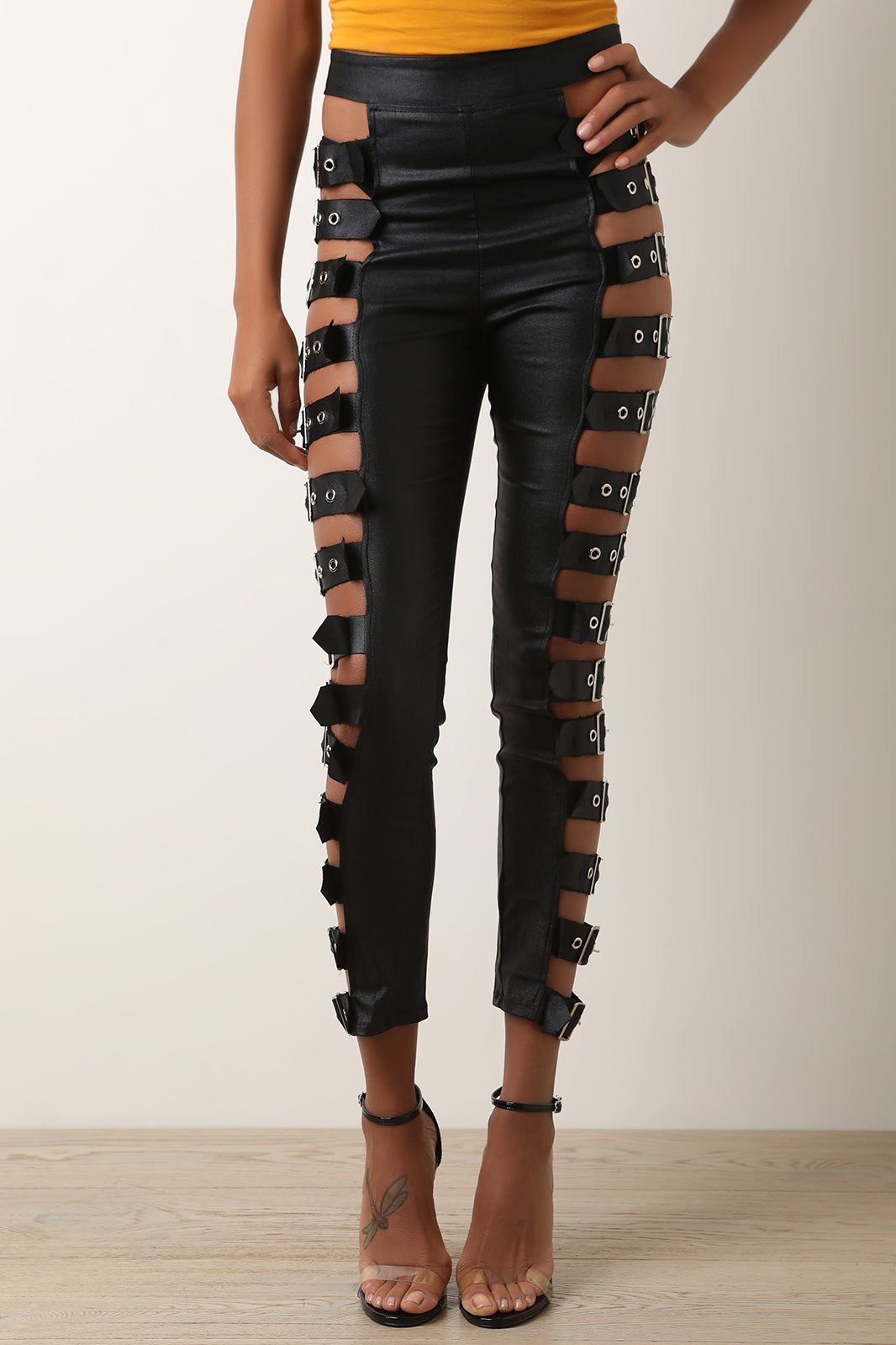 Strappy Side Buckle High Rise Pants - YuppyCollections