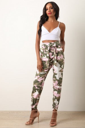 Pink Camo Paperbag Waist Pants - YuppyCollections